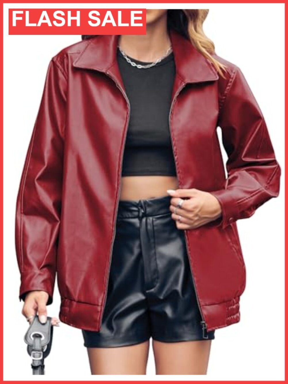 Faux Leather Jacket Oversized Zip Up Bomber Motorcycle Style